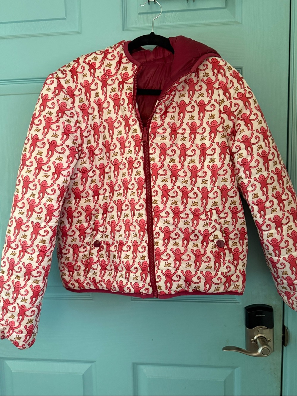 Roller Rabbit Raspberry Cute Monkey /interchangeable Quilted Hooded Puffer